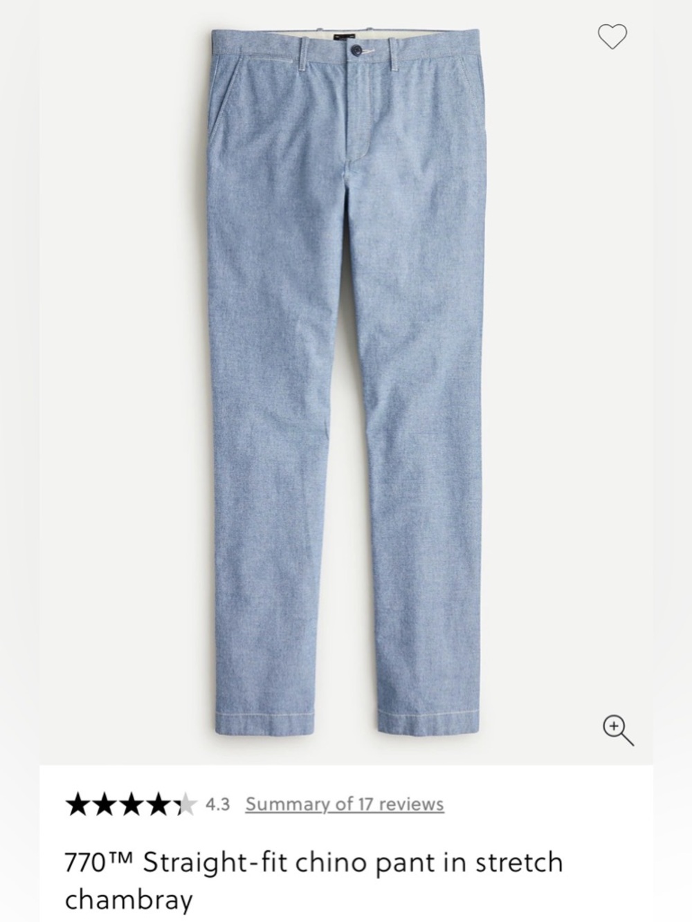 J Crew 770 Straight Stretch Cotton Chambray Chino Pants.